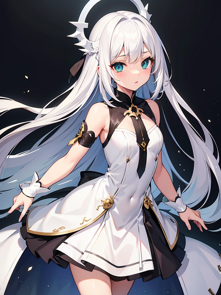 Original costume， 1girl， 独奏， nedium breasts， Hats， looking at viewert， shift dresses， Very long sleeves， exposed bare shoulders， Fur hats， white dresses， fur-trim， （peeing self）， full bodyesbian， （a mature female）， Be red in the face， embarressed， Locked up on a cross
