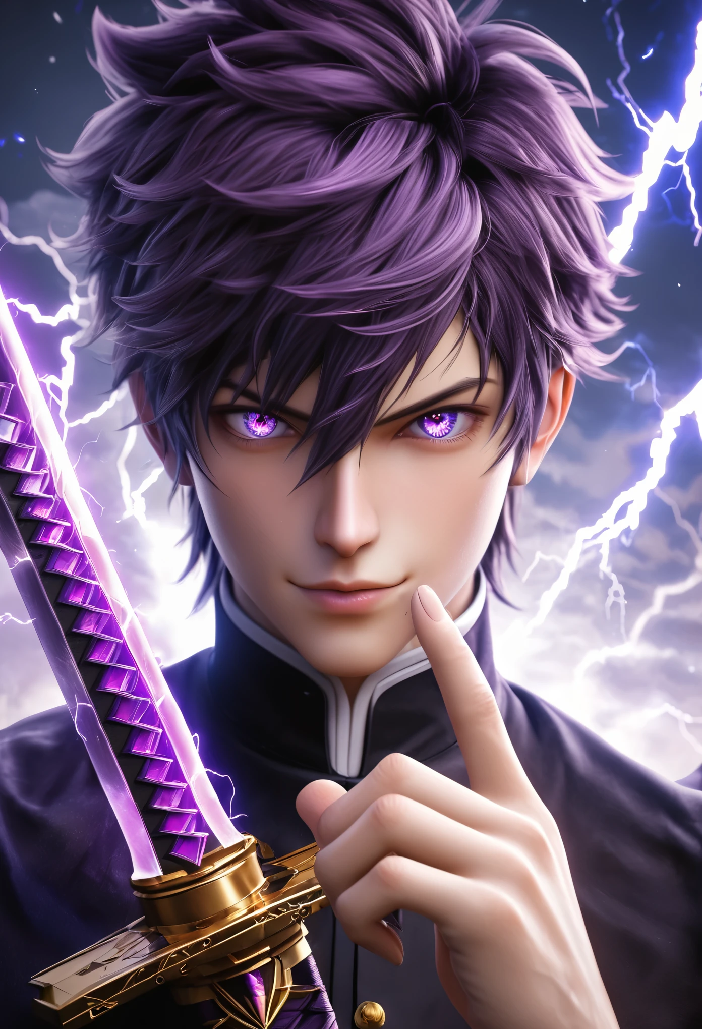Masterpiece, top quality, high definition CG Unity 8k wallpaper, purple sword with lightning. Made with great precision. High resolution, has a sharp glowing sword. He is looking at you with big eyes and sharp eyes. The sword glows purple, creating an evil atmosphere. Three-dimensional illustration with a sense of depth, (((the tip of the sword is facing this))), anatomical hand, anatomical finger, perfect hand, perfect finger, Golden Ratio, 3d art, 2.5D Art, Octane Rendering Style
