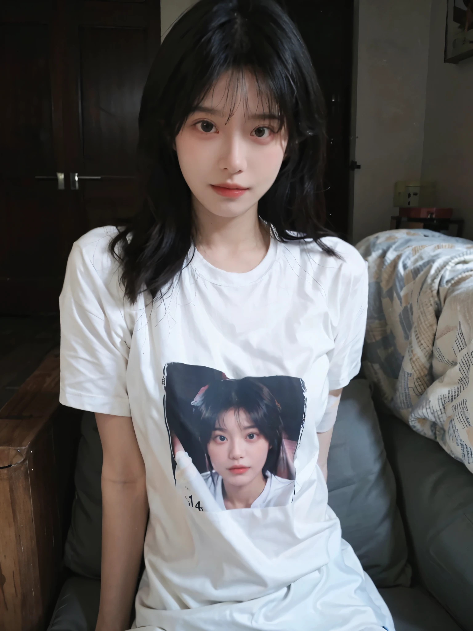 Best quality,masterpiece,Ultra-high resolution,(Photo Realism:1.4),Girl,Sexy,cute,(T-Shirt:1.2),(Big breasts:1.3),(whole body:1.4)