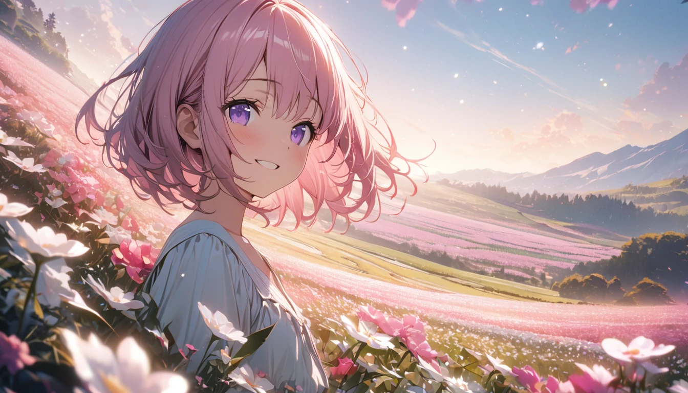 one girl, short pink hair and bob hair.、beautiful purple eyes、smile、gentle smile on her face、flat chest, one Beautiful girl,((masterpiece, illustration, best quality) ((ultra-detailed))\Sunny day landscape images, Only landscapes with white flowers, Flower Field, unmanned, There are no animals, Lively, As if blown by the wind々Various kinds of flowers, , Soft lighting, Light background, ndividuality, Beautiful colors, Japanese pink trees, standing,  濃い青とBeautiful Blueのグラデーション, High resolution, 8K HD detail, hyper-detail, cinematic, surrealism, soft light, deep field focus bokeh, ray tracing and surrealism. --v6