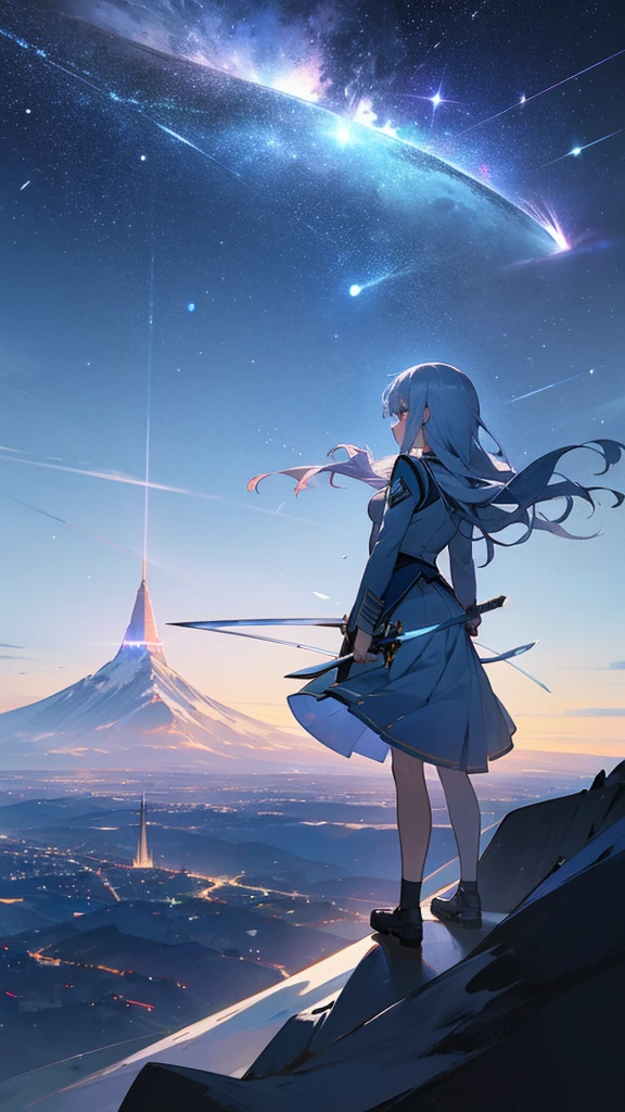 1 girl,Back view,Light gray uniform,skirt,Light blue sword,Mountain,city below,Night Sky,Moon on the top right,Shooting star in the center,A little far from the camera