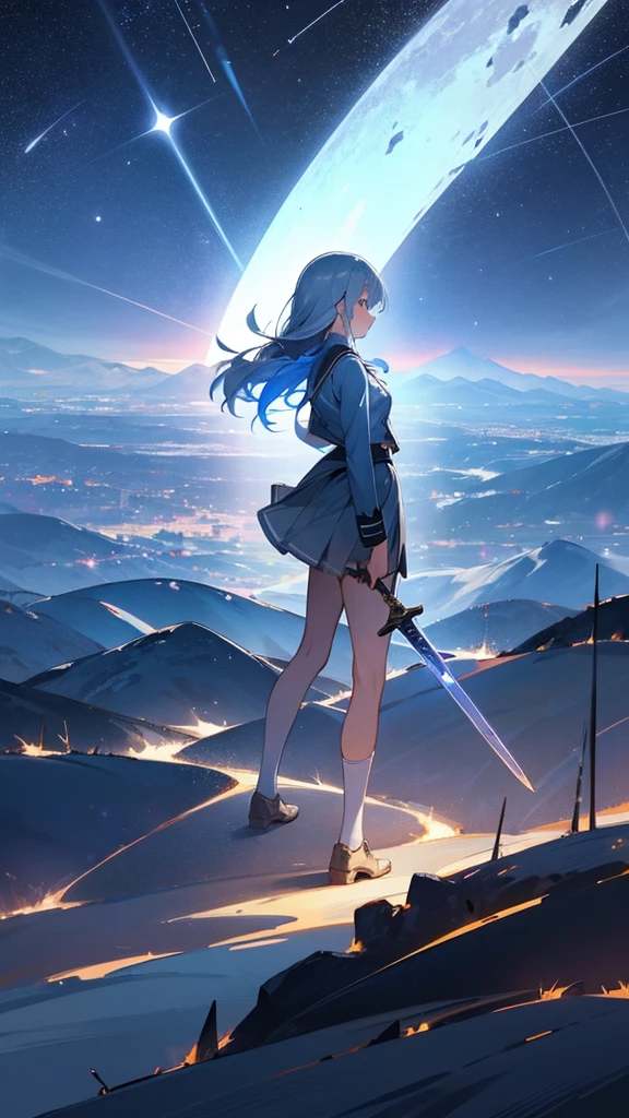 1 girl,Back view,Light gray uniform,skirt,Light blue sword,Mountain,city below,Night Sky,Moon on the top right,Shooting star in the center,A little far from the camera