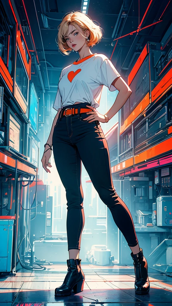 ((masterpiece, Highest quality)), (((whole body :1.5))), 32K Wallpapers, Very detailed, Poster, Vintage science fiction, 1960s,(((geometric cinematic movie Poster))), (Bauhaus), shape,Abstract, Midcentury Modern, movie Poster, Vintage, Perfect Lady,1970s,Halftone,Speech bubble,(((portfolio,close))), Tall and straight blonde mature girl, Sexy, Medium Neck, He is wearing a plain, tight orange short-sleeved U-neck T-shirt, She completely exposed her midsection, She is wearing jeans, she wears a large orange belt with a red heart-shaped buckle, beautiful abdomen, Beautiful thighs, Long and slender thighs, A pose that makes it appear as if you are facing forward with your hands on your hips, whole body