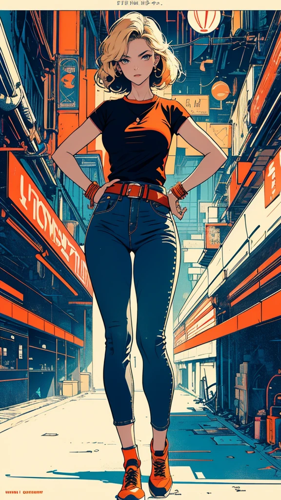 ((masterpiece, Highest quality)), (((whole body :1.5))), 32K Wallpapers, Very detailed, Poster, Vintage science fiction, 1960s,(((geometric cinematic movie Poster))), (Bauhaus), shape,Abstract, Midcentury Modern, movie Poster, Vintage, Perfect Lady,1970s,Halftone,Speech bubble,(((portfolio,close))), Tall and straight blonde mature girl, , Medium Neck, He is wearing a plain, tight orange short-sleeved U-neck T-shirt, She completely exposed her midsection, She is wearing jeans, she wears a large orange belt with a red heart-shaped buckle, beautiful abdomen, Beautiful thighs, Long and slender thighs, A pose that makes it appear as if you are facing forward with your hands on your , whole body