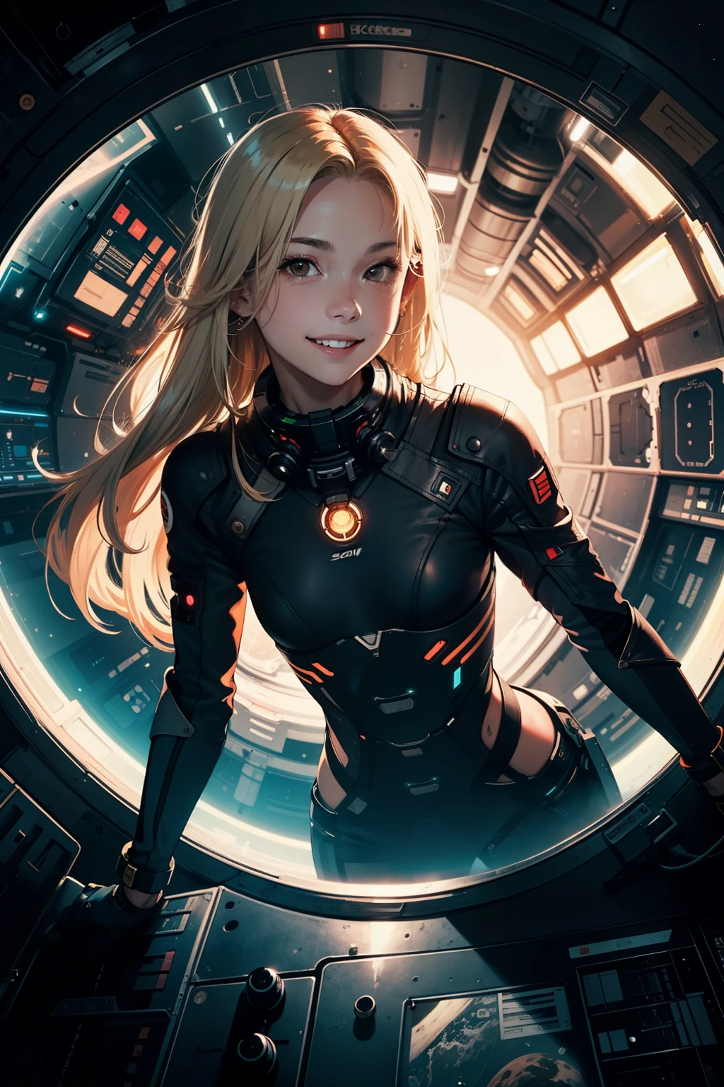 ((sci-fi)), blond, long hair, space station, action, ((cocky)), (3/4 angle), ((grimy)), (smiling), dark lighting, brown eyes, (futuristic), small chest