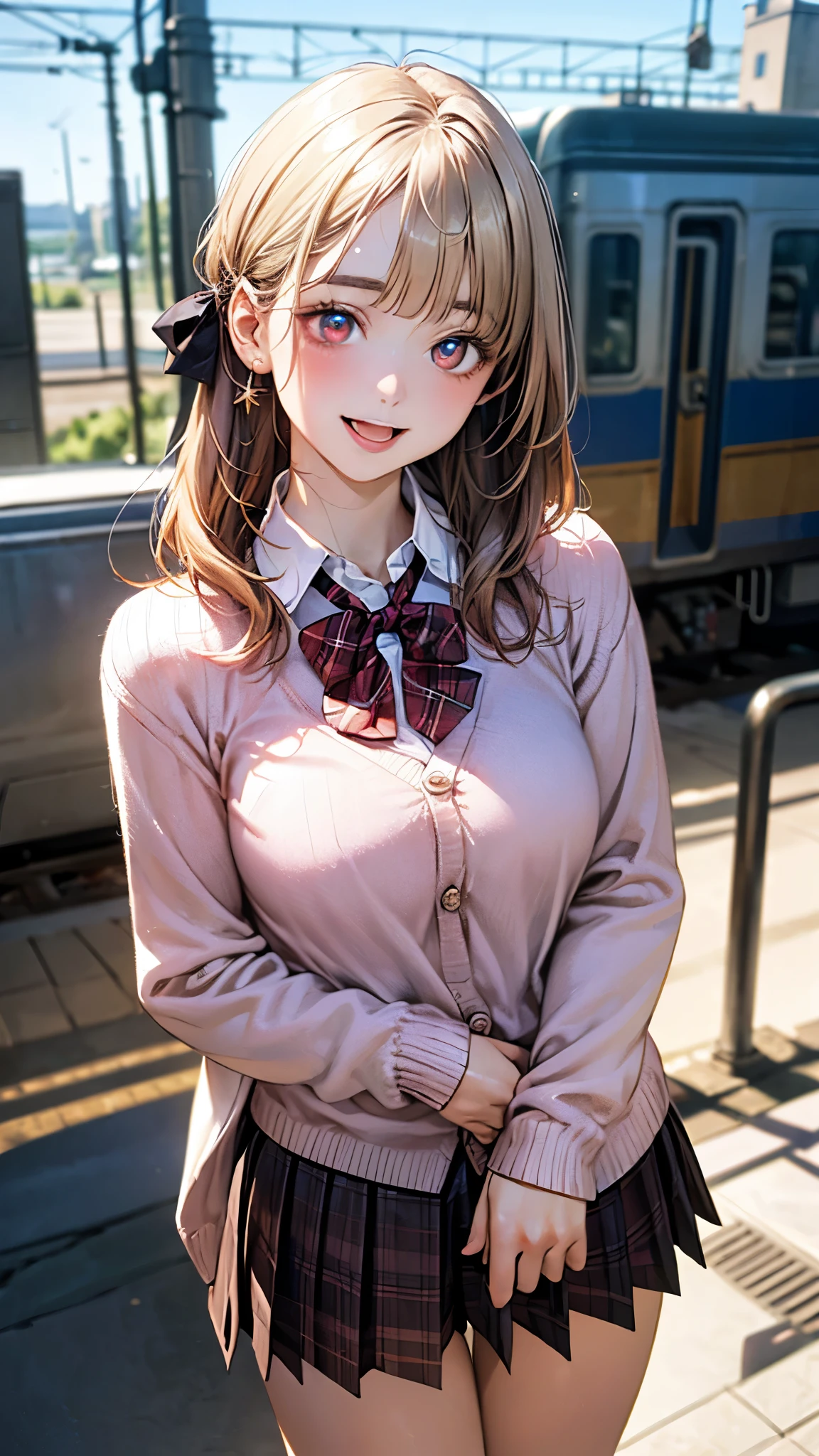 (masterpiece:1.2, top-quality), (realistic, photorealistic:1.4), beautiful illustration, (natural side lighting, movie lighting), depth of fields, nsfw,
beautiful detailed hair, beautiful detailed face, beautiful detailed eyes, beautiful clavicle, beautiful body, beautiful chest, beautiful thigh, beautiful legs,
looking at viewer, 1 girl, 12 years old, (perfect anatomy, anatomically correct, super detailed skin), cute and symmetrical face, perfect face, perfect eyes,
(middle hair, straight hair, curvy hair, ash blonde hair), blunt bangs, break gold eyes, big eyes, long eye lasher, (medium breasts, seductive thighs), perfect body, shiny skin, pink skin,
(detailed cloth texture, break white collared shirt, break (long sleeve pink knit cardigan), break dark brown pleated skirt, break dark red plaid bow tie), break
(beautiful scenery), evening, (train station), standing, (lovely smile, open mouth slightly),