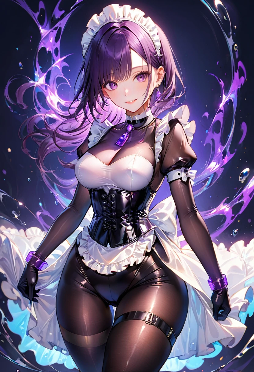 1 mature woman,(Highest quality,Extremely detailed depiction,Incredibly absurd high resolution,Anatomically accurate depiction,Curvy Legs),(Glowing Skin,Shiny skin),(Glowing Skin,Shiny skin,Oilskin),(Sexy maid),(Luxurious accessories,Earrings,necklace,Bracelet,Long gloves,Black and white latex maid outfit,Maid Skirt,corset,See-through,black tights),eyelash,A little sweat,(Purple Eyes,Detailed pupil,Half-closed eyes:1.5,Crazy Eyes,There is cleavage in the chest,Wicked Smile,glossy purple lipstick,Seductive gestures),(whole body)