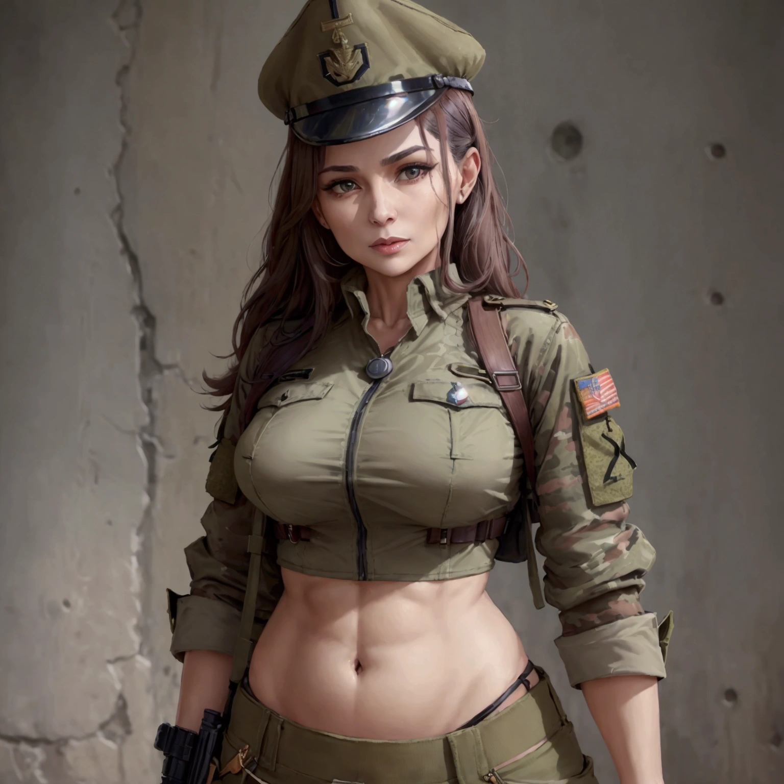 Women in crop top soldier uniform, soldier hat, military brooch on the chest,  exposed abdomen area, very low waist cargo pants, navel piercing , 45 years-old, high ranking , standing, little fat 