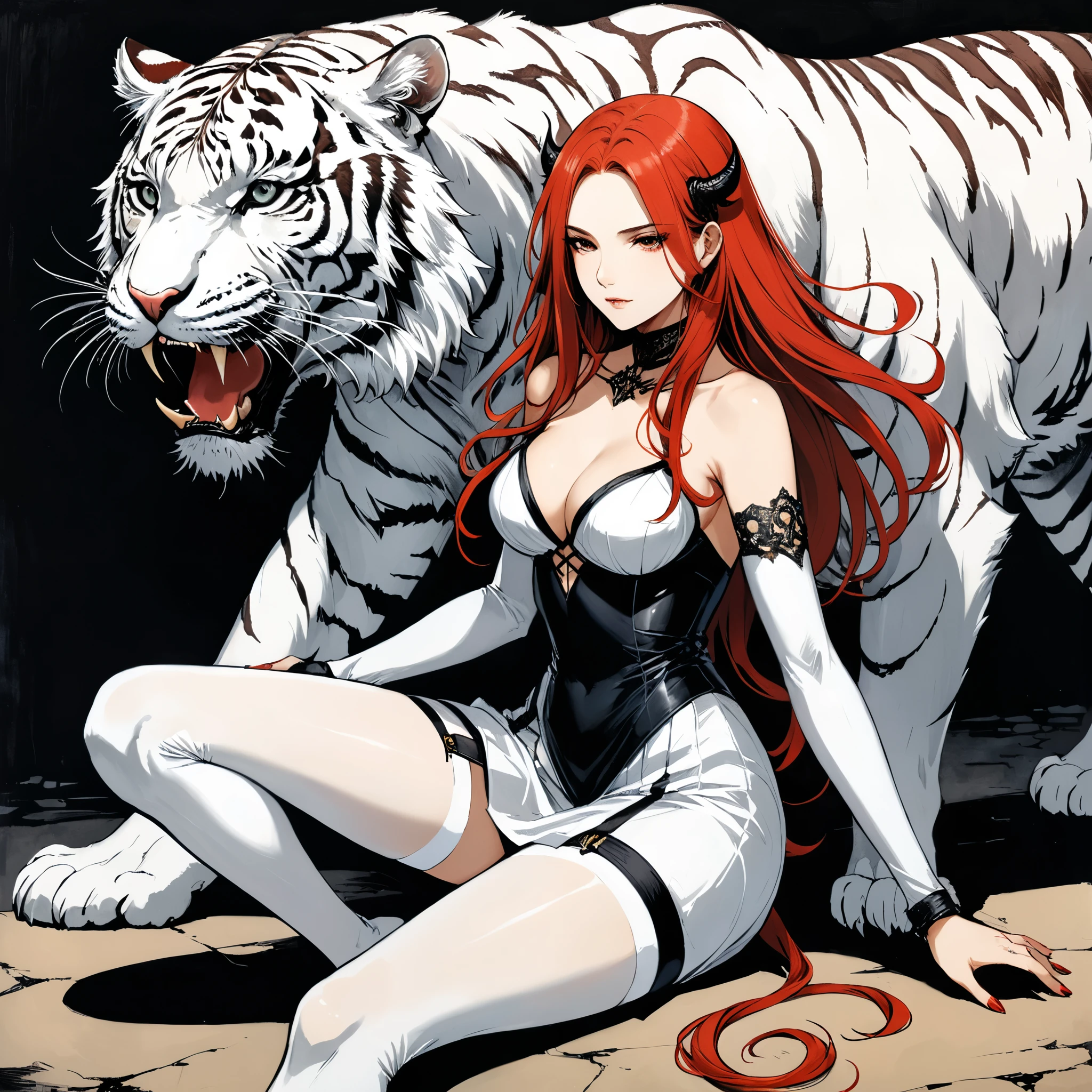 in style of Santiago Caruso,in style of Albert Pinkham Ryder,in style of Arthur Wardle
BREAK
1 girl,{a huge white tiger stand behind:1.7},the tiger's face on the girl's shoulder,character concept design,{devil girl:2.7},long_skirt,incredibly long red hair,sitting posture,leaning,lend 1 legs,1 hand on the lower jaw,hands supporting the body,silk stockings
BREAK
gravure_pose,{top view:2.8},{from above:2}