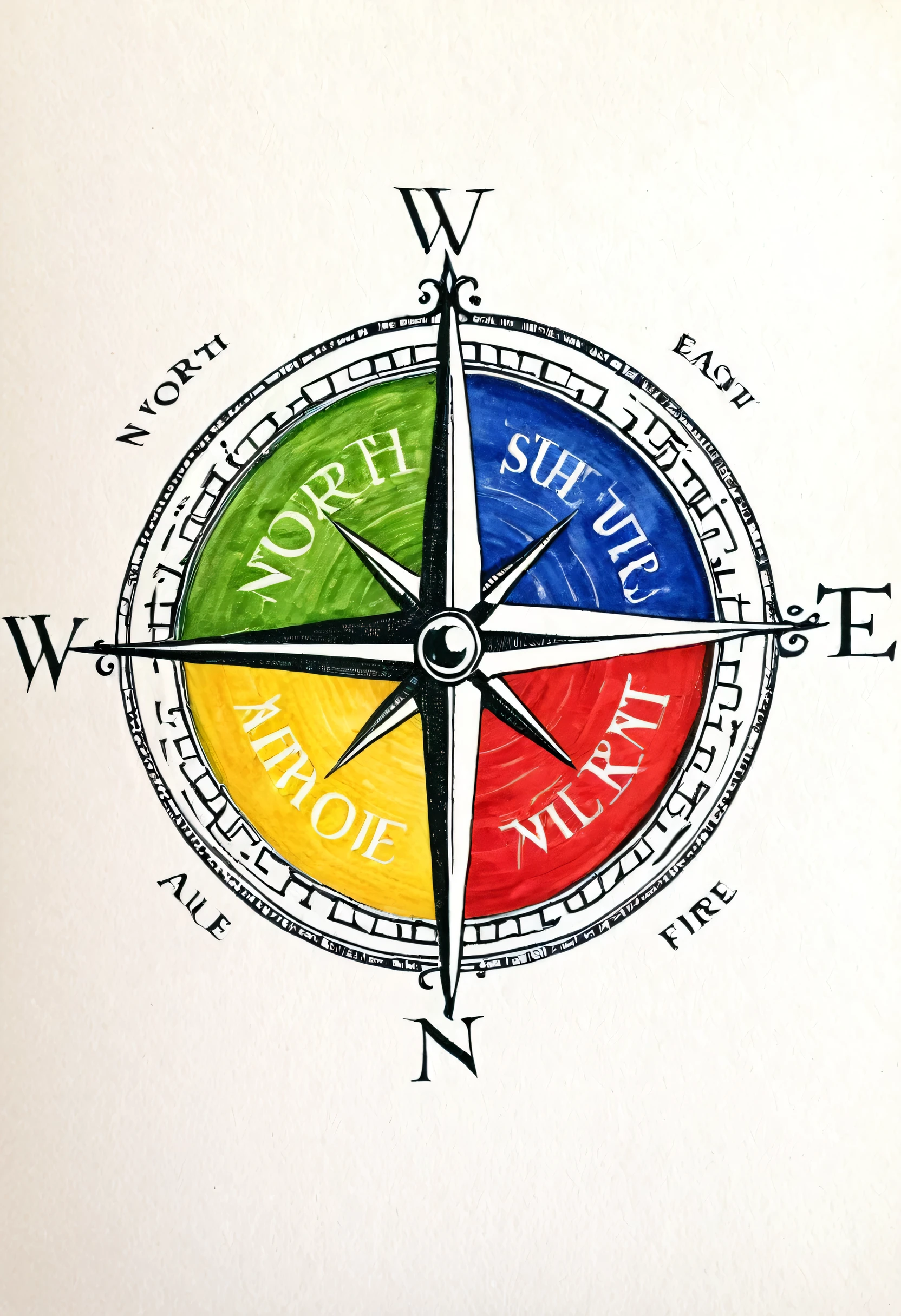 I want you to make a compass representing the 4 directions with the following colors and elements: north: green representing earth west: blue representing water east: yellow representing air South: red representing fire