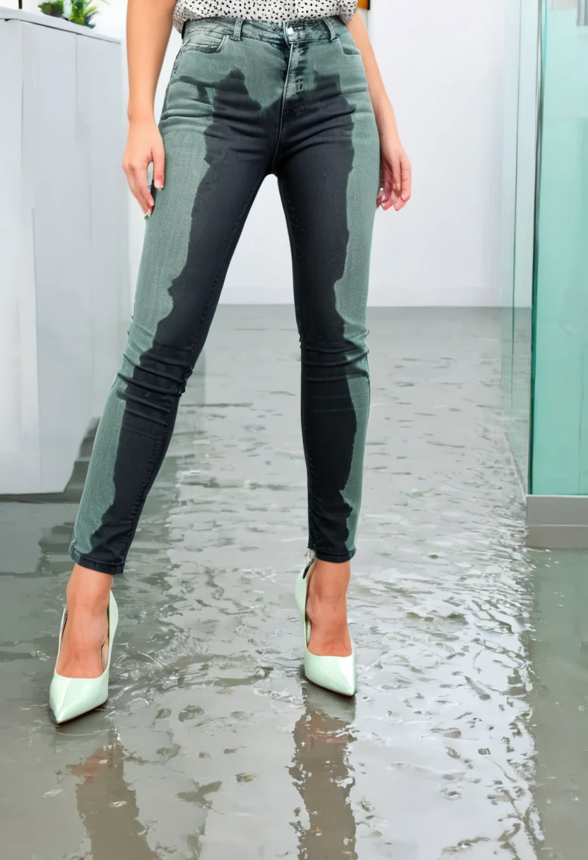 attractive redhead woman wearing black skinny jeans, short curly hair, white high heel pumps, mint green blouse, standing in an office, wetting, big smile, pee stains are gleaming wet, standing in puddle of pee