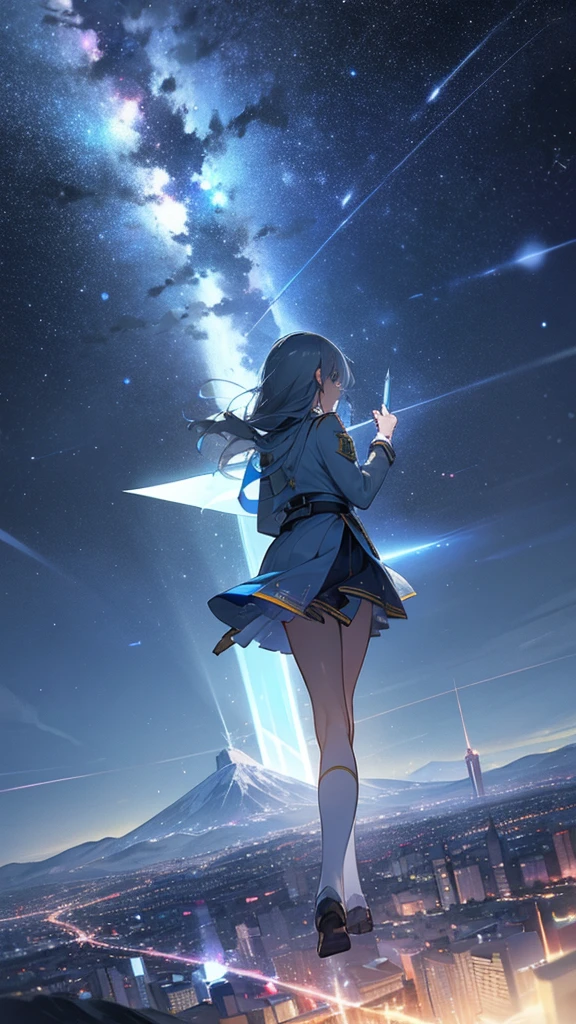 1 girl,Back view,Light gray uniform,skirt,Light blue sword,Mountain,city below,Night Sky,Shooting star in the center,A little far from the camera