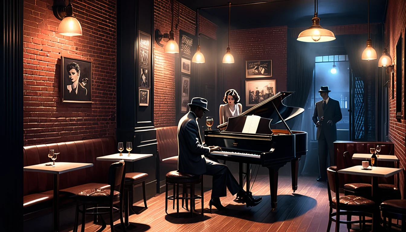 Interior of a very smoky vintage Parisian jazz club at night, The soft light of the pendant light、Man playing guitar，Woman playing piano。, Brick wall decorated with rhythmic shadow playing, A tranquil and enchanting atmosphere, 3D Rendering, To create a realistic yet fantastical scene、Diner scene with detailed textures and lighting, film noir jazz bar, drawn in a neo - noir style, neo - noir style, Neo-Noir Setting, neo noir style, inspired by f.. scott hess, Thomas Dalziel, film noir realistic, inspired by f. scott hess CFGスケール