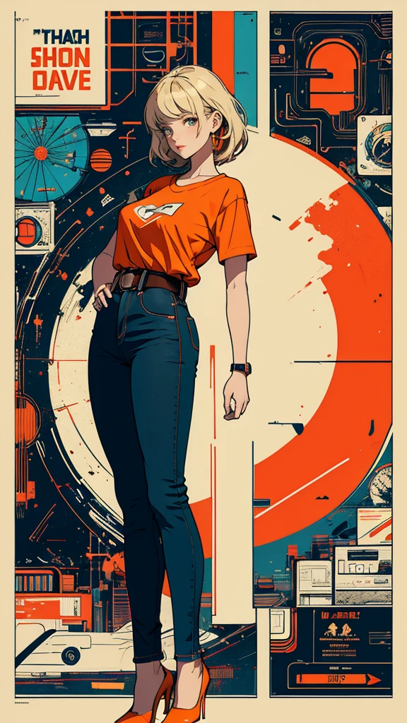 ((masterpiece, Highest quality)), (((whole body :1.5))), 32K Wallpapers, Very detailed, Poster, Vintage science fiction, 1960s,(((geometric cinematic movie Poster))), (Bauhaus), shape,Abstract, Midcentury Modern, movie Poster, Vintage, Perfect Lady,1970s,Halftone,Speech bubble,(((portfolio,close))), Tall and straight blonde mature girl, Sexy, Medium Neck, He is wearing a plain, tight orange short-sleeved U-neck T-shirt, She completely exposed her midsection, She is wearing jeans, she wears a large orange belt with a red heart-shaped buckle, beautiful abdomen, Beautiful thighs, Long and slender thighs, A pose that makes it appear as if you are facing forward with your hands on your hips, whole body