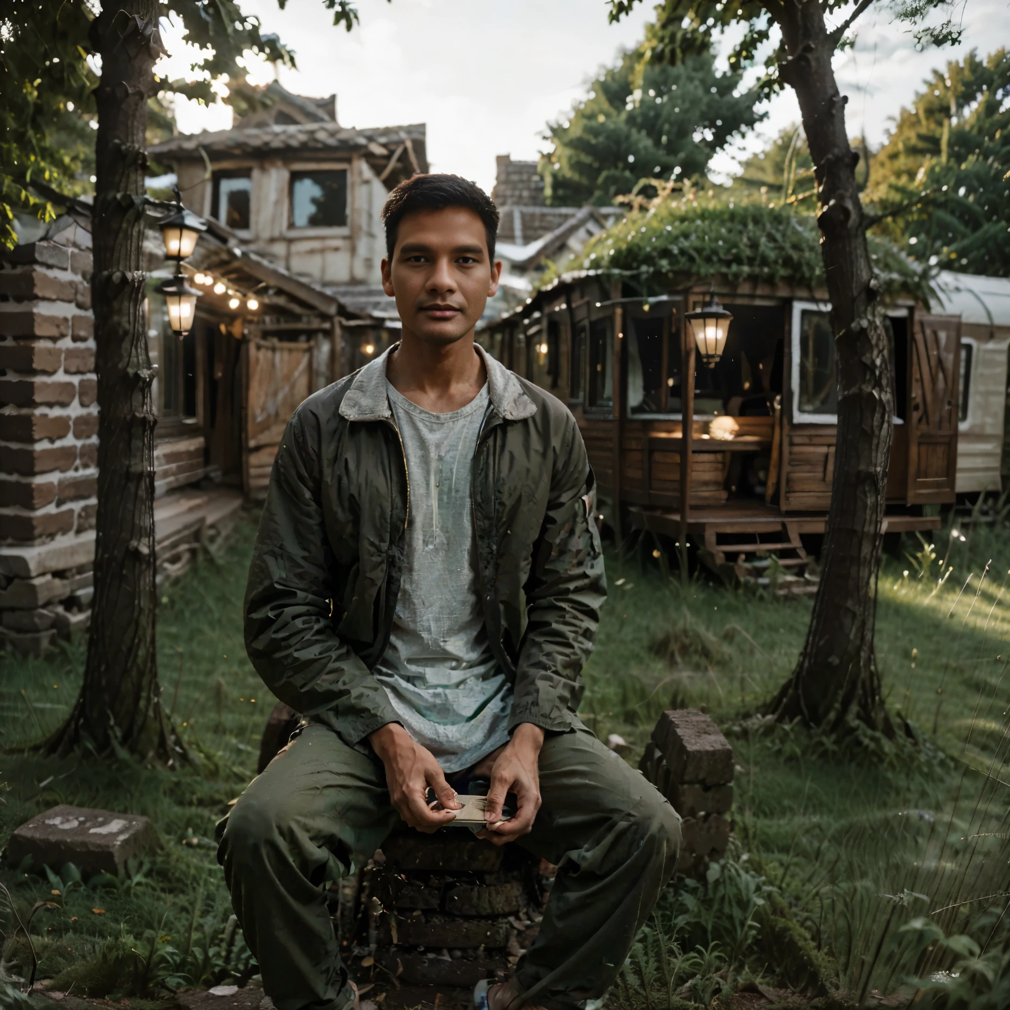 A stunning photographic portrait of a 20-year-old man with a clean face and neatly styled hair combed back, sitting on the moss-covered ruins of an ancient building. The man is dressed in adventure clothes, with the background featuring a stretch of green grass and a classic caravan adorned with vibrant fluorescent lanterns. The dramatic lighting highlights the sharp and clear details of the entire scene, creating a harmonious blend of nature, architecture, and human presence. He is holding an old scroll map.