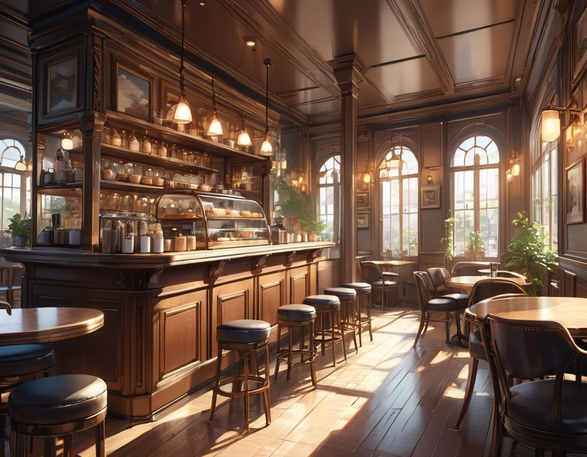 (masterpiece, best quality,4K, hyper detailed, super fine illustration), 
detailed lighting, 
beautiful composition, 
 cafe 　antique　A calm interior