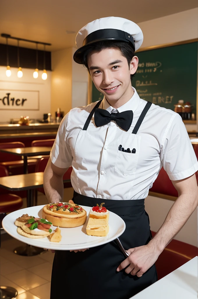 Create a picture of Mickey Mouse dressed as a waiter in a diner. He is wearing a traditional waiter's uniform, with an apron, a white shirt and a waiter's hat. Mickey is smiling and holding a tray with some plates of food. The snack bar has a classic style, with red tables and chairs, a service counter and a welcoming atmosphere.