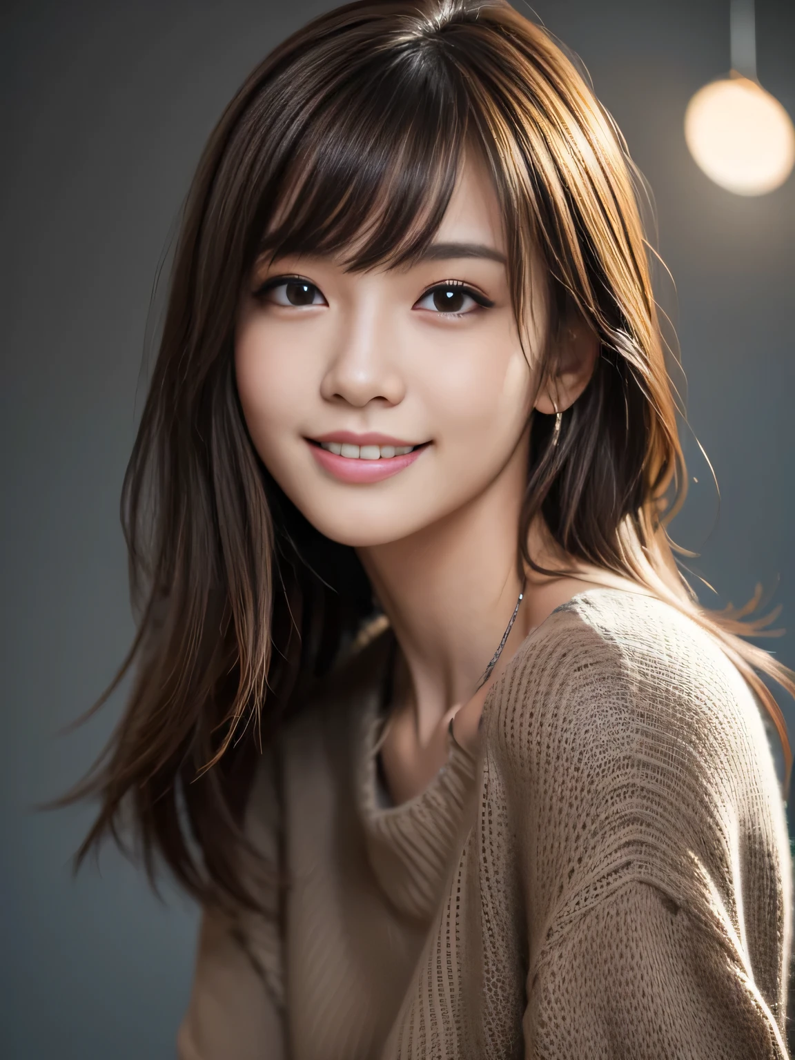 masterpiece, best quality, ultra-detailed, intricately detailed hyperdetailed, realistic, sharp features, highly detailed, sharp focus, Realistic, Photorealistic:1.3, (17 years old:1.5), perfect face, perfect symmetrically eyes, perfect full lips, hyper detailed, hyper realistic, high resolution, Fashion Model, Japanese Idol, Slender, brown hair, Stylish, model poses, Beautiful Face, light brown hair, messy hair, asymmetrical bangs, (grin:1.2), (looking at viewer), cinematic lighting, grey background, (Black knit:1.2), portrait