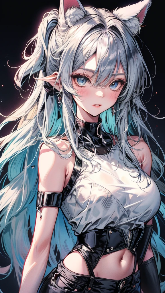 high resolution, qualityที่ดีที่สุด, Anatomically correct, Highly detailed, quality, very detailed, high resolutionสุด, Anime style, 1 girl, My hair is very long., Hair highlights, silver hair, full bangs, big breasts,Fox ears, animal ears, blue eyes, A thin smile., bright eyes, Light blush on the cheeks, Close-up photography, 
