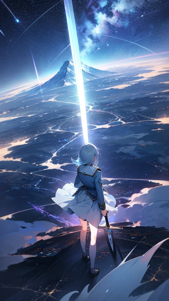 1 girl,Back view,Light gray uniform,skirt,Light blue sword,Mountain,city below,Night Sky,Shooting star in the center,A little far from the camera