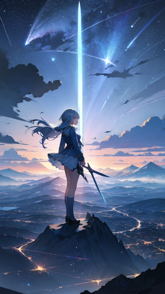 1 girl,Back view,Light gray uniform,skirt,Light blue sword,Mountain,city below,Night Sky,Shooting star in the center,A little far from the camera