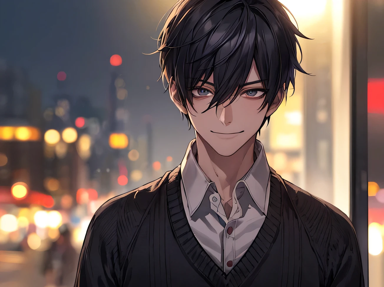 Working Adults.,male,good looking,Cool vibe,I,Black-haired,mash,Dark mood(Masseter region,Viewer Perspective,Upper Body,Face close-up,Excited,Wicked Smile,Yandere atmosphere,Stylish clothing,sweater,shirt,Night atmosphere,In town,The background is the city