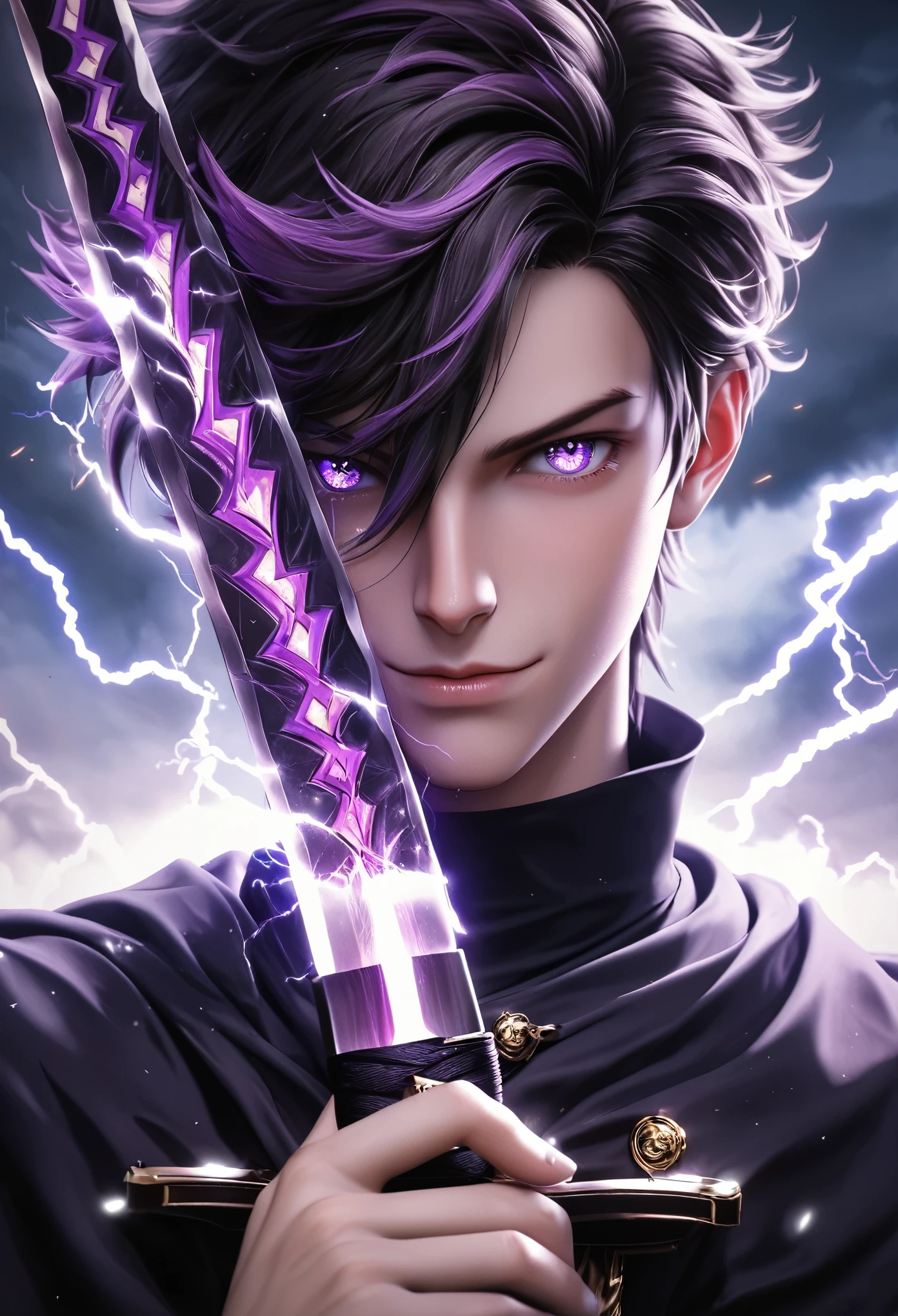 Masterpiece, top quality, high definition CG Unity 8k wallpaper, purple sword with lightning. Made with great precision. High resolution, has a sharp glowing sword. He is looking at you with big eyes and sharp eyes. The sword glows purple, creating an evil atmosphere. Three-dimensional illustration with a sense of depth, (((the tip of the sword is facing this))), anatomical hand, anatomical finger, perfect hand, perfect finger, Golden Ratio, 3d art, 2.5D Art, Octane Rendering Style