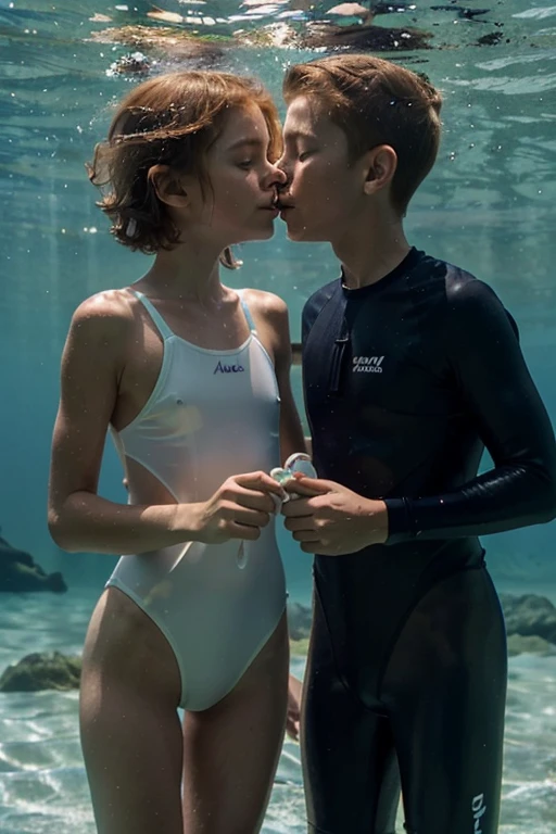 Happy skinny scuba diver sweden kids with short ginger hair, dressed in new light transparent swimsuit, happy to touch and kiss, on a scorching summer day, in the lagoon under vater.