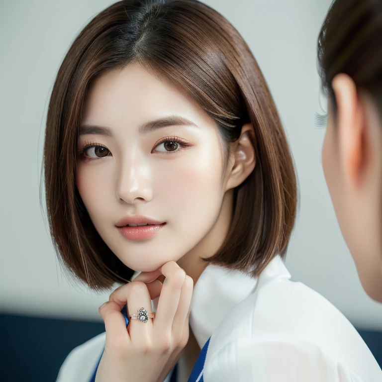 (masterpiece,best quality:1.4),(8k,raw photo,photo realistic:1.2),shiny skin,detailed skin,detailed face,detailed eyes,1girl, (((Japanese woman))), beautiful face, ( masterpiece , ultra Detailed ) , (((photo reality))), (((photo))), (((real))), (((haircut of uniform length))), straight hair, (((long hair))), (((brown hair))), (((brown eyebrows))), thin eyebrows, Downturned eyes, Sensual eyes, Pointy nose, delicate chin, alabaster skin, milky skin, Oblong face, (((looking at viewer)))