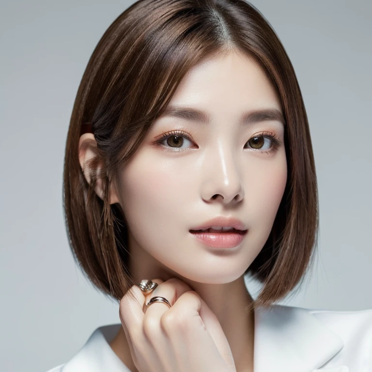 (masterpiece,best quality:1.4),(8k,raw photo,photo realistic:1.2),shiny skin,detailed skin,detailed face,detailed eyes,1girl, (((Japanese woman))), beautiful face, ( masterpiece , ultra Detailed ) , (((photo reality))), (((photo))), (((real))), (((haircut of uniform length))), straight hair, (((long hair))), (((brown hair))), (((brown eyebrows))), thin eyebrows, Downturned eyes, Sensual eyes, Pointy nose, delicate chin, alabaster skin, milky skin, Oblong face, (((looking at viewer)))