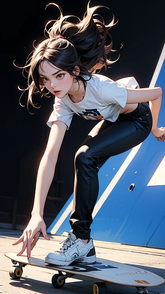 An elaborate anime-style illustration of a skateboarder. Eyes focused and facing forward. She is wearing a black helmet, a black short-sleeved shirt with a patterned sports bra underneath. Long light hair flowing behind her. She is wearing black pants with knee pads and black skate shoes. She is posing in the air, performing a skateboard trick. One hand is outstretched for balance, the other is slightly bent with her wrist relaxed. Her knees are bent and her body is leaning slightly forward. The skateboard is positioned under her feet, showing dynamic movement and action. The overall energetic and athletic look captures the intensity of skateboarding. Close-up of her face in an overhead bird's-eye view