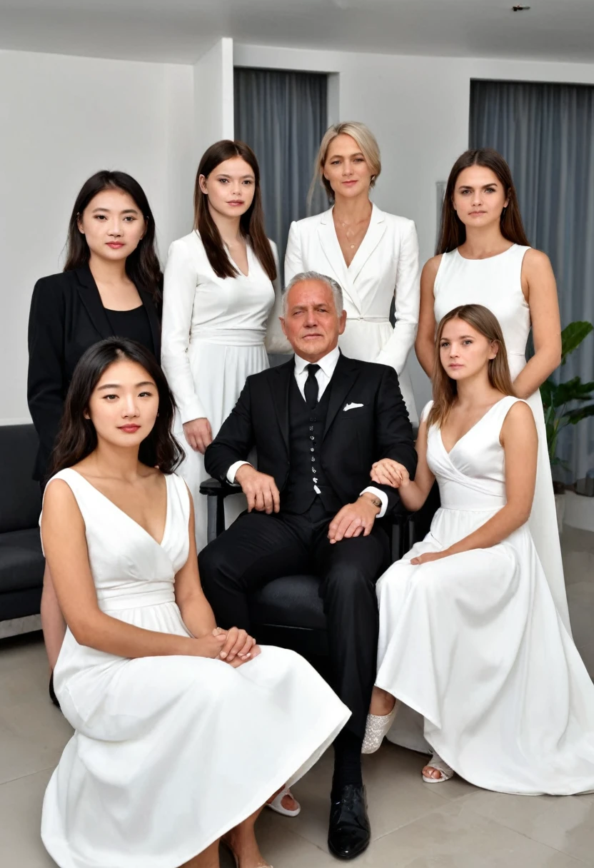 A realistic photo with 9 member with the Father wearing a black suit sitting in the middle front with the Mother in a white dress. To the right of the Father, two young women in white dresses are sitting, and to the left of the Mother, three young women in white dresses are sitting. Behind the Father and Mother, two sons wearing black suits are standing.