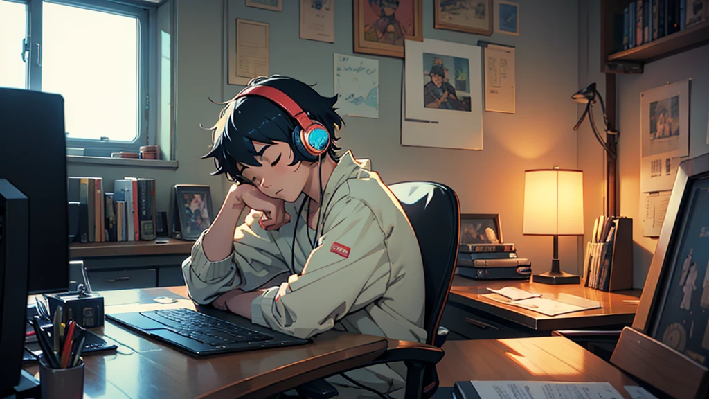 anime character sitting at a desk with headphones on and a laptop, concept art inspired by Satoshi Kon, trending on cg society, neo-fauvism, lofi man, lofi artstyle, lofi colors, lofi art, lofi feel, lofi portrait, lofi man aesthetic, lofi hip hop, lofi, lofi vibe, sleeping cat, big window, night lights