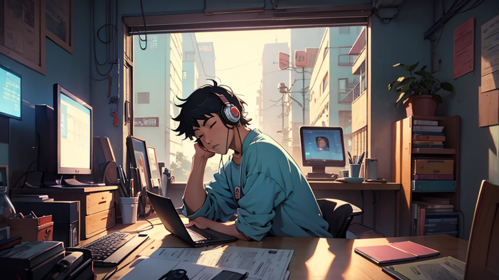 anime character sitting at a desk with headphones on and a laptop, concept art inspired by Satoshi Kon, trending on cg society, neo-fauvism, lofi man, lofi artstyle, lofi colors, lofi art, lofi feel, lofi portrait, lofi man aesthetic, lofi hip hop, lofi, lofi vibe, sleeping cat, big window, night lights 