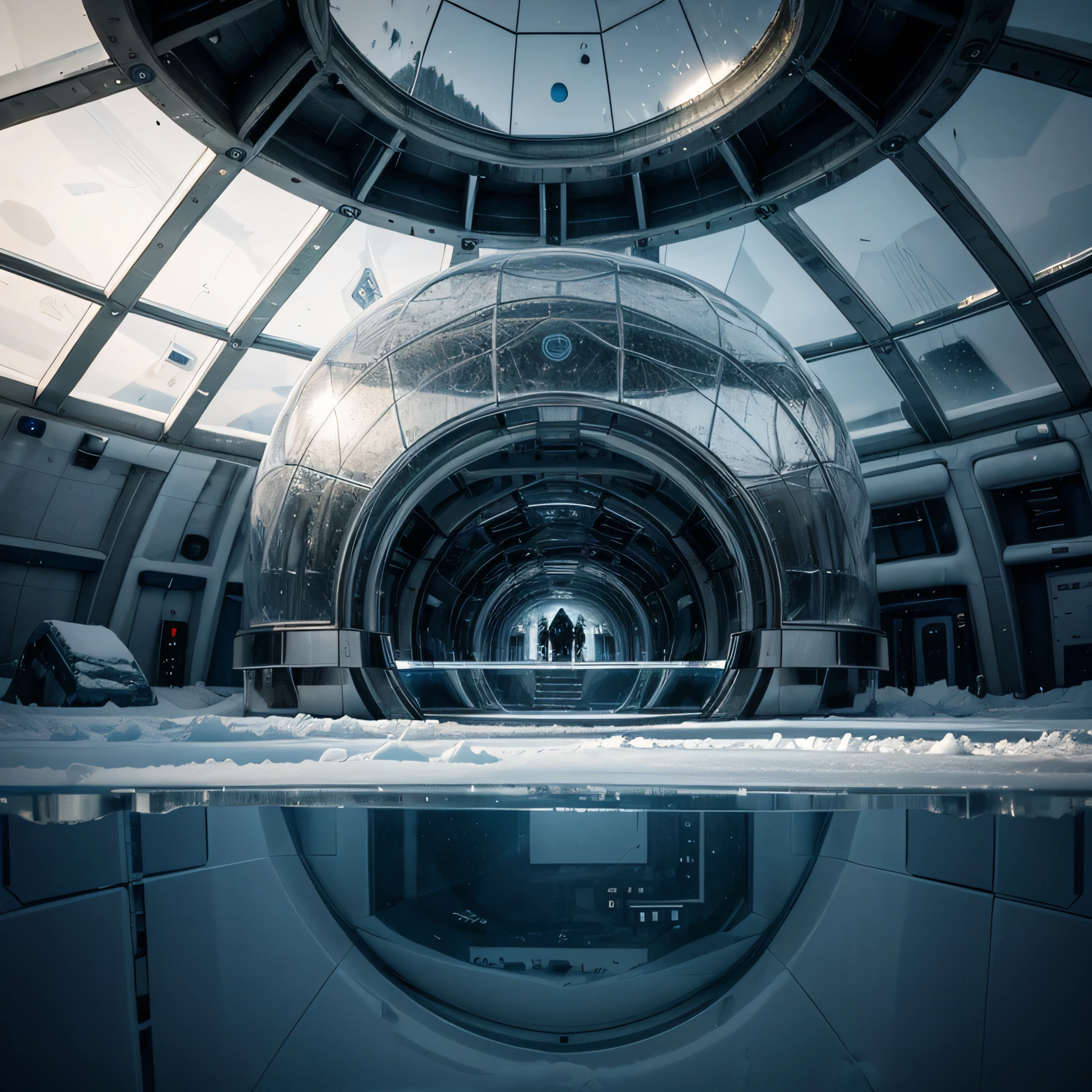 A high-tech research base hidden within the Arctic ice, with sleek glass domes and underground tunnels, the icy landscape reflecting off the mirrored surfaces, creating a stunning blend of nature and technology, cinematic and futuristic atmosphere