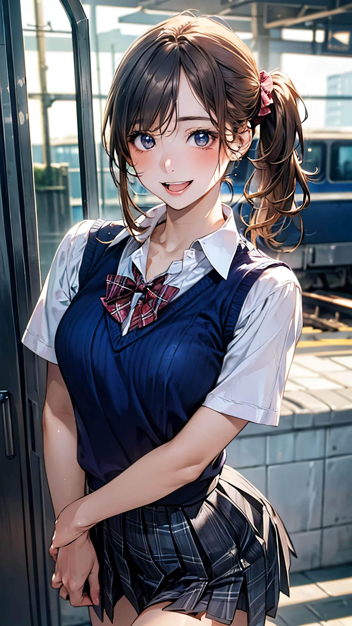 (masterpiece:1.2, top-quality), (realistic, photorealistic:1.4), beautiful illustration, (natural side lighting, movie lighting), depth of fields, nsfw, 
beautiful detailed hair, beautiful detailed face, beautiful detailed eyes, beautiful clavicle, beautiful body, beautiful chest, beautiful thigh, beautiful legs, 
looking at viewer, 1 girl, 12 years old, (perfect anatomy, anatomically correct, super detailed skin), cute and symmetrical face, perfect face, perfect eyes, 
(middle hair, side ponytail, light brown hair), swept bangs, break blue eyes, big eyes, (medium breasts, seductive thighs), perfect body, shiny skin, pink skin, 
(detailed cloth texture, break short sleeve white collared shirt, break (navy knit vest), break navy pleated skirt, break blue plaid bow tie), break 
(beautiful scenery), evening, (train station), standing, (lovely smile, open mouth slightly), 