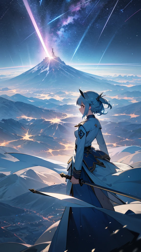 1 girl,Back view,Light gray uniform,skirt,Light blue sword,Mountain,city below,Night Sky,Shooting star in the center,A little far from the camera