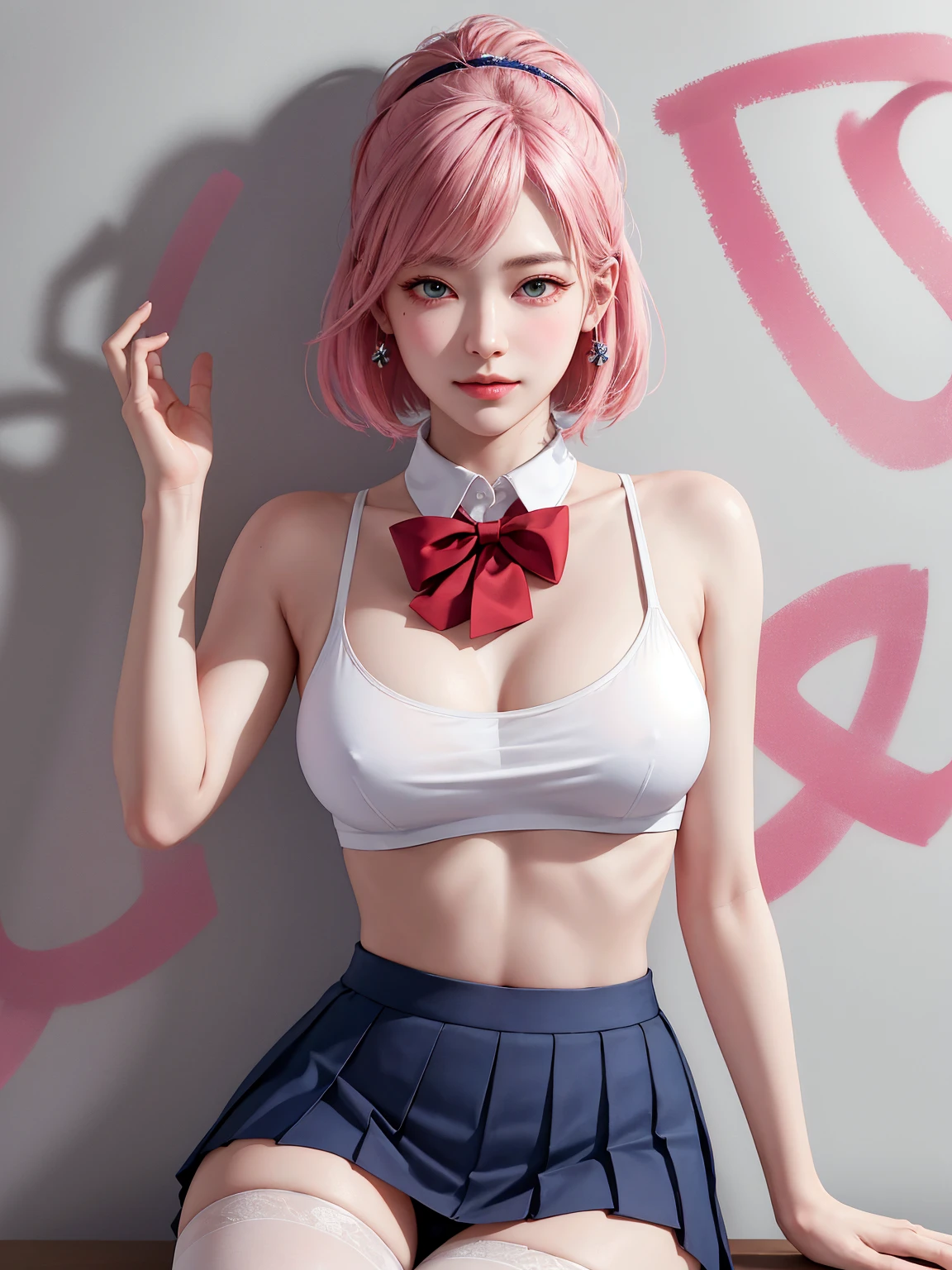 (Masterpiece, best quality, 1 girl, alone, complicated details, Chromatic aberration), realistic, ((Moderate breath)),long hair, pink hair, Red headpiece, Pink Highlights, hair on one eye,purple eyes, earring, sharp eyes, choker, Neon coat, She wears a collar, bangle, and kimono style garters., crop top, (symmetrical eyes),(Perfect symmetrical body),against the wall, Brick wall, (colorful graffiti words on the wall:1.2), The light is dim., alley ,Look at the viewer.、Dig the chest、smile、(sleeveless、Navel touch、Fitted turtleneck.)、street string hot pants、Thin bottom、Please build above the eaves..、Thin shoulders、High resolution、High resolution、in 8K、RAWphotographgraphy、Highest quality、masterpiece、Tabletop、erotic、student、Light green Bra,White skin,knees,(Skin-colored pantyhose),Detailed Panty Pattern、Panty Focus、Pink Panties、absurdes,Small face、Big Breasts、Part the front hair from the middle、The forehead is visible,(Cold look<Squinting my eyes,Glare,strong,Light anger)、masterpiece,Highest quality、超High resolution,RAWphotograph,only,Beautiful poop,one person, one personで,Dark look,Small breasts,whole body、very nice、JK ,high school girl,Japanese women,Are standing,(Realistic:1.37)、Photon Mapping,Light blue ribbon,Realistic、Cute Face,Brown eye、Black socks、22 years old、(Red bow tie)、Radio City、Physics-based only dulling、prospect、Written boundary depth、Blurred Background、photograph,girl、body,Beautiful legs, Long legs, Thin legs,Long Bob Cut,(I can see the front hair), hair, lips, green_eye, Nose Soft,(Light blue shirt), (Navy Pleated Skirt), I can see the knees,See-through clothing,, thigh, black cotton socks,Nogizaka Idol, , Japanese Ido、Sparkling eyes、Glossy lipasterpiece, highest quality:1.2), 8K, young beautiful girl, 85mm,Official AR RAW Photos, baby face、big breasts、show me your ears、photo shoot, cute face, thighs, After school classroom, looking at the viewer, embarrassing、smile、no makeup, film grain, chromatic aberration, sharp focus, face light, clear lighting, Ten
