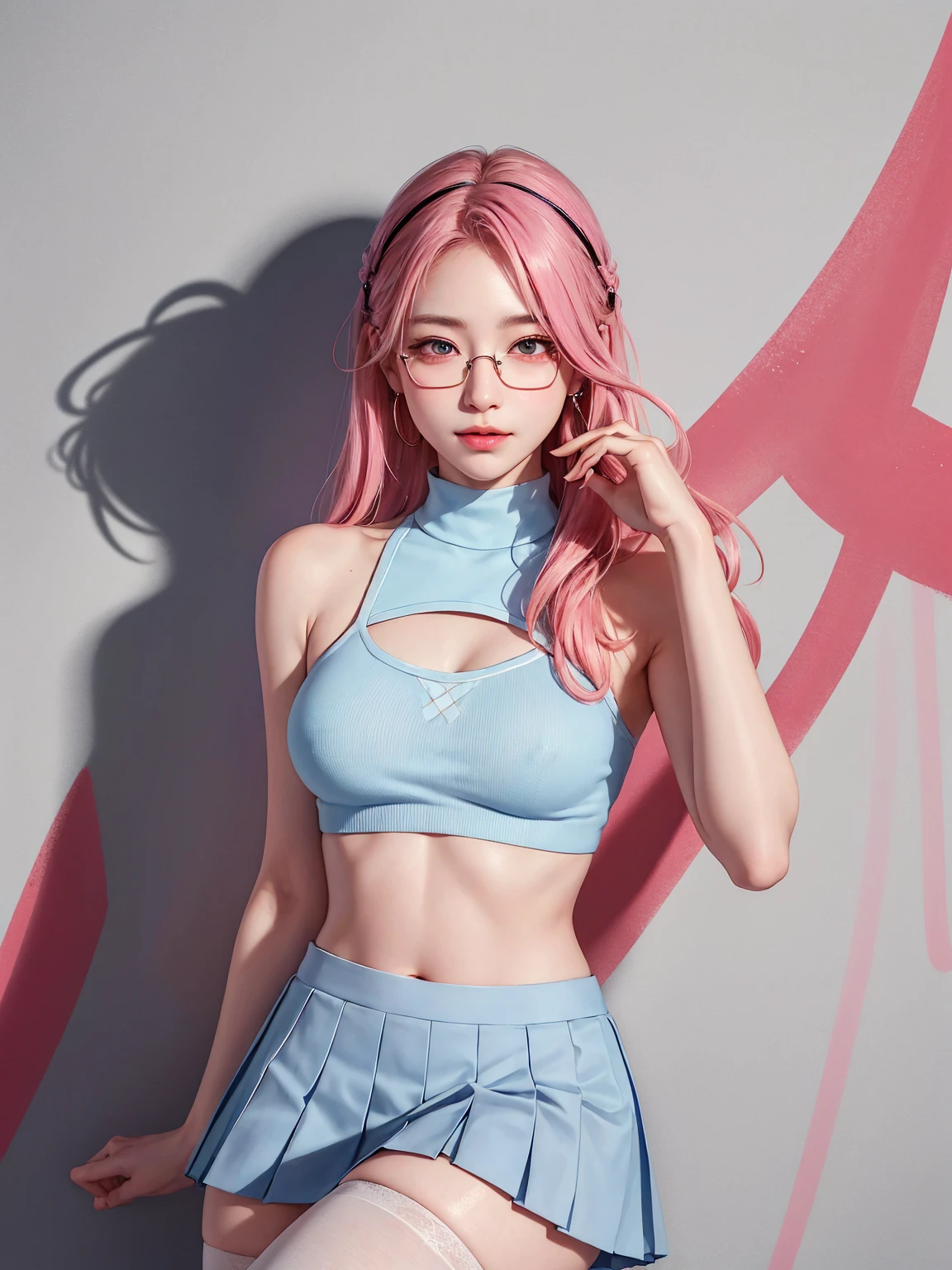 (Masterpiece, best quality, 1 girl, alone, complicated details, Chromatic aberration), realistic, ((Moderate breath)),long hair, pink hair, Red headpiece, Pink Highlights, hair on one eye,purple eyes, earring, sharp eyes, choker, Neon coat, She wears a collar, bangle, and kimono style garters., crop top, (symmetrical eyes),(Perfect symmetrical body),against the wall, Brick wall, (colorful graffiti words on the wall:1.2), The light is dim., alley ,Look at the viewer.、Dig the chest、smile、(sleeveless、Navel touch、Fitted turtleneck.)、street string hot pants、Thin bottom、Please build above the eaves..、Thin shoulders、High resolution、High resolution、in 8K、RAWphotographgraphy、Highest quality、masterpiece、Tabletop、erotic、student、Light green Bra,White skin,knees,(Skin-colored pantyhose),Detailed Panty Pattern、Panty Focus、Pink Panties、absurdes,Small face、Big Breasts、Part the front hair from the middle、The forehead is visible,(Cold look<Squinting my eyes,Glare,strong,Light anger)、masterpiece,Highest quality、超High resolution,RAWphotograph,only,Beautiful poop,one person, one personで,Dark look,Small breasts,whole body、very nice、ＪＫ ,high school girl,Japanese women,Are standing,（Realistic：1.37）、Photon Mapping,Light blue ribbon,Realistic、Cute Face,Brown eye、Black socks、22 years old、(Red bow tie)、Radio City、Physics-based only dulling、prospect、Written boundary depth、Blurred Background、photograph,girl、body,Beautiful legs, Long legs, Thin legs,Long Bob Cut,(I can see the front hair), hair, lips, green_eye, Nose Soft,(Light blue shirt), (Navy Pleated Skirt), I can see the knees,See-through clothing,, thigh, black cotton socks,Nogizaka Idol, , Japanese Ido、Sparkling eyes、Glossy lipasterpiece, highest quality:1.2), 8K, young beautiful girl, 85mm,Official AR RAW Photos, baby face、big breasts、show me your ears、photo shoot, cute face, thighs, After school classroom, looking at the viewer, embarrassing、smile、no makeup, film grain, chromatic aberration, sharp focus, face light, clear lighting, Ten 
