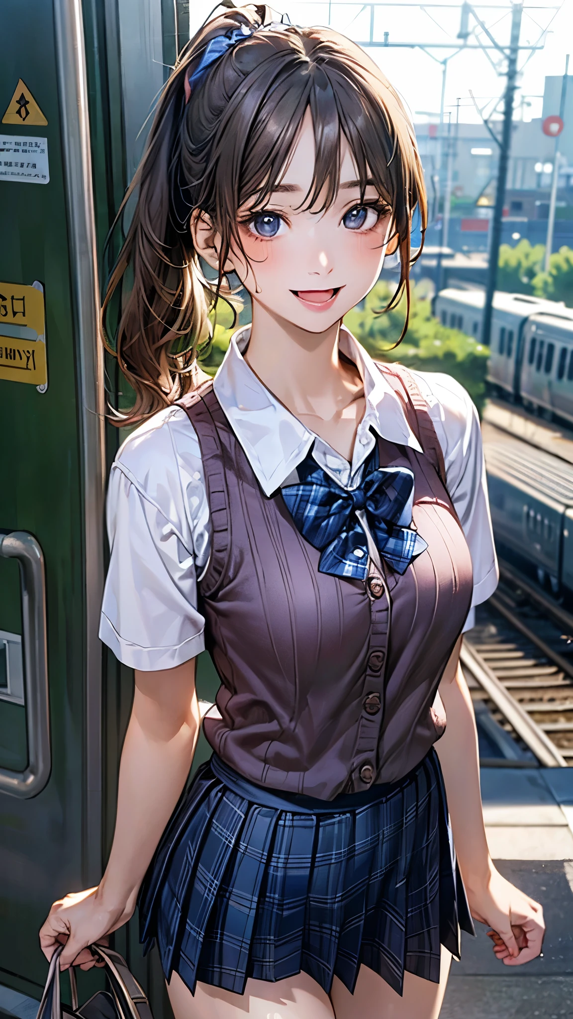 (masterpiece:1.2, top-quality), (realistic, photorealistic:1.4), beautiful illustration, (natural side lighting, movie lighting), depth of fields, nsfw,
beautiful detailed hair, beautiful detailed face, beautiful detailed eyes, beautiful clavicle, beautiful body, beautiful chest, beautiful thigh, beautiful legs,
looking at viewer, 1 girl, , (perfect anatomy, anatomically correct, super detailed skin), cute and symmetrical face, perfect face, perfect eyes,
(middle hair, side ponytail, light brown hair), swept bangs, break blue eyes, big eyes, (medium breasts, seductive thighs), perfect body, shiny skin, pink skin,
(detailed cloth texture, break short sleeve white collared shirt, break (navy knit vest), break navy pleated skirt, break blue plaid bow tie), break
(beautiful scenery), evening, (train station), standing, (lovely smile, open mouth slightly),