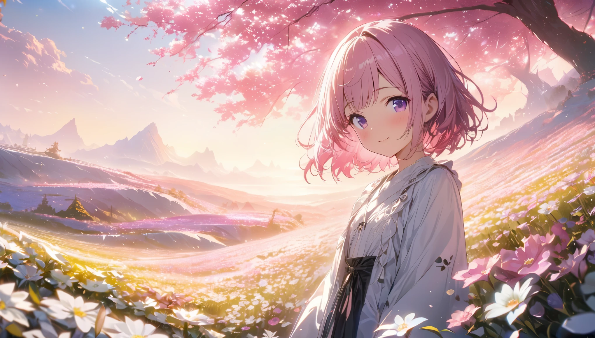 one girl, short pink hair and bob hair.、beautiful purple eyes、smile、gentle smile on her face、flat chest, one Beautiful girl,((masterpiece, illustration, best quality) ((ultra-detailed))\Sunny day landscape images, Only landscapes with white flowers, Flower Field, unmanned, There are no animals, Lively, As if blown by the wind々Various kinds of flowers, , Soft lighting, Light background, ndividuality, Beautiful colors, Japanese pink trees, standing, 濃い青とBeautiful Blueのグラデーション, High resolution, 8K HD detail, hyper-detail, cinematic, surrealism, soft light, deep field focus bokeh, ray tracing and surrealism. --v6