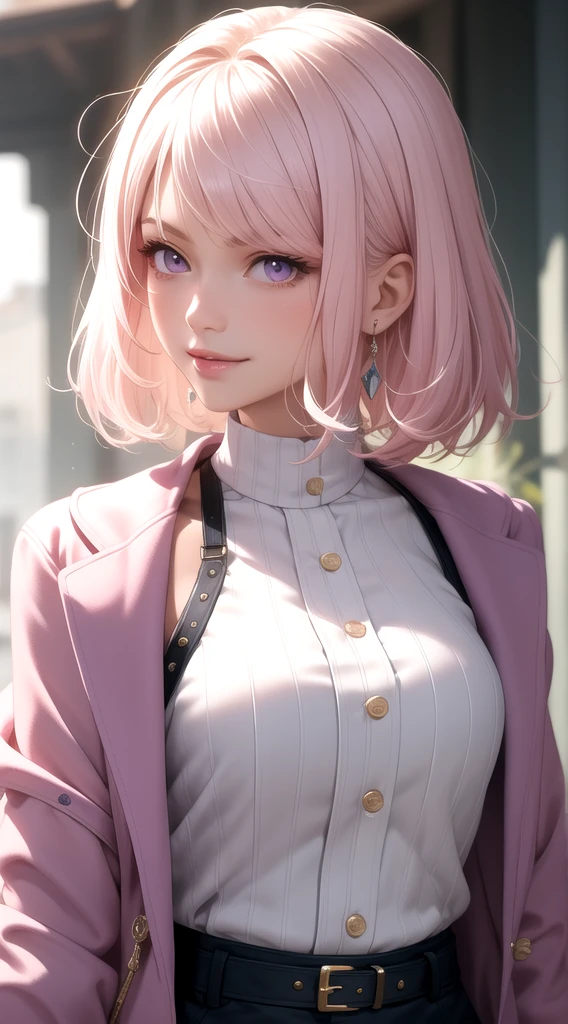 (masterpiece, best quality), intricate details, thin, ((slim)), beautiful girl, Light pink hair, white skin, light purple eyes, sharp jawline, cropped jacket, messy hair, lips, upper body, close up, smirk