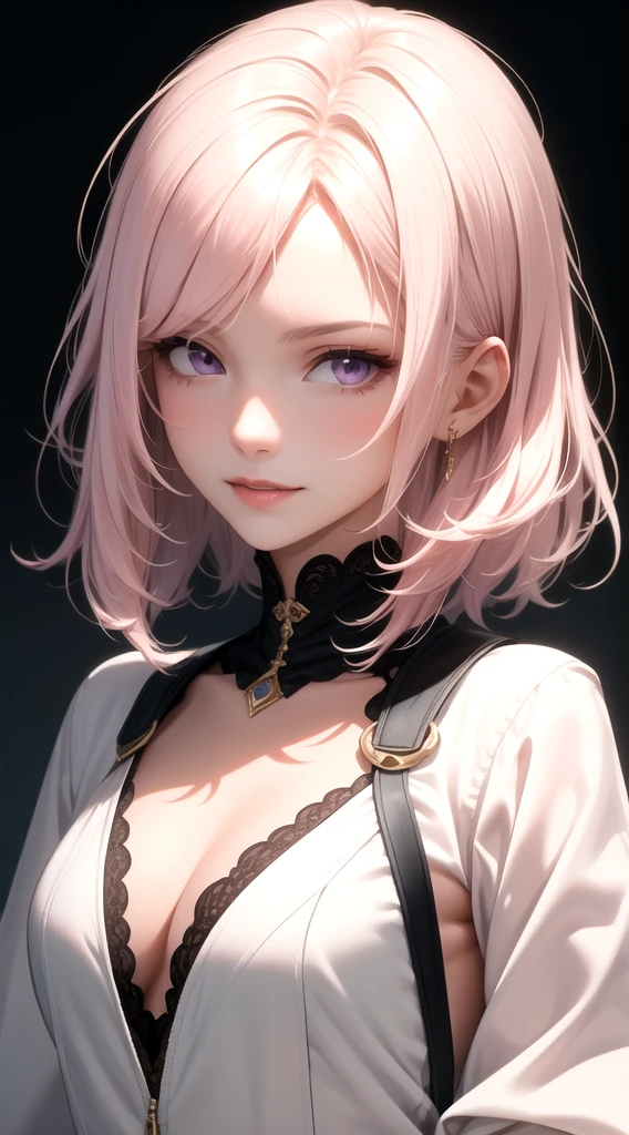(masterpiece, best quality), intricate details, thin, ((slim)), beautiful girl, Light pink hair, white skin, light purple eyes, sharp jawline, cropped jacket, messy hair, lips, upper body, close up, smirk
