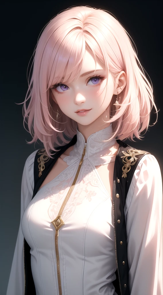 (masterpiece, best quality), intricate details, thin, ((slim)), beautiful girl, Light pink hair, white skin, light purple eyes, sharp jawline, cropped jacket, messy hair, lips, upper body, close up, smirk