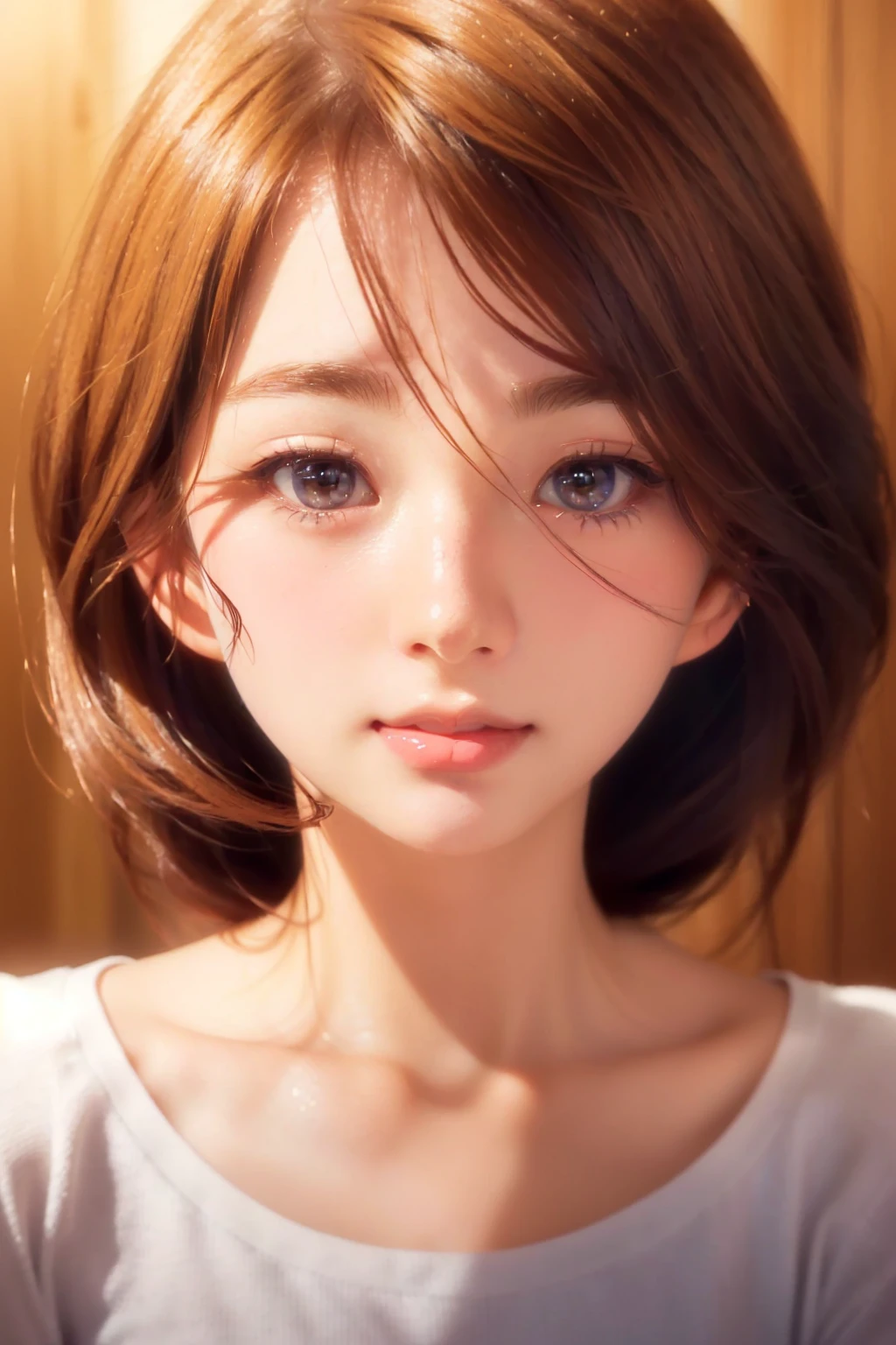 girl with brown hair and blue eyes staring at camera, sayori, kyoani, visual of a cute girl, rin, visual of a young woman, perfect face, beautiful face, smooth cg art, soft lighting, emotional face shot, slightly happy facial expression, makoto shinkai. digital render, nishimiya shouko