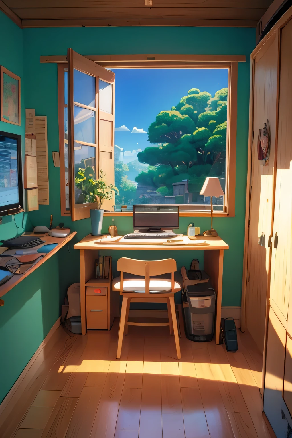 studio ghibli style cute bedroom background that has a gaming pc