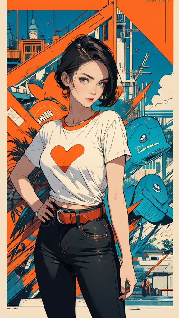 ((masterpiece, Highest quality)), (((whole body :1.5))), 32K Wallpapers, Very detailed, Poster, Vintage science fiction, 1960s,(((geometric cinematic movie Poster))), (Bauhaus), shape,Abstract, Midcentury Modern, movie Poster, Vintage, Perfect Lady,1970s,Halftone,Speech bubble,(((portfolio,close))), Tall and straight blonde mature girl, Sexy, Medium Neck, He is wearing a plain, tight orange short-sleeved U-neck T-shirt, She completely exposed her midsection, She is wearing jeans, she wears a large orange belt with a red heart-shaped buckle, beautiful abdomen, Beautiful thighs, Long and slender thighs, A pose that makes it appear as if you are facing forward with your hands on your hips, whole body