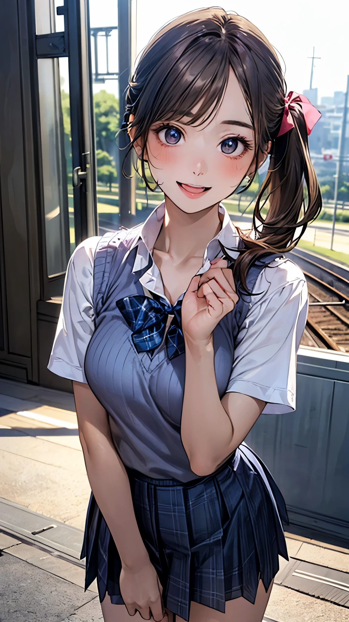 (masterpiece:1.2, top-quality), (realistic, photorealistic:1.4), beautiful illustration, (natural side lighting, movie lighting), depth of fields, ,
beautiful detailed hair, beautiful detailed face, beautiful detailed eyes, beautiful clavicle, beautiful body, beautiful chest, beautiful thigh, beautiful legs,
looking at viewer, 1 girl, 12 yerfect anatomy, anatomically correct, super detailed skin), cute and symmetrical face, perfect face, perfect eyes,
(middle hair, side ponytail, light brown hair), swept bangs, break blue eyes, big eyes, (medium breasts, seductihs), perfect body, shiny skin, pink skin,
(detailed cloth texture, break short sleeve white collared shirt, break (navy knit vest), break navy pleated skirt, break blue plaid bow tie), break
(beautiful scenery), evening, (train station), standing, (lovely smile, open mouth slightly),