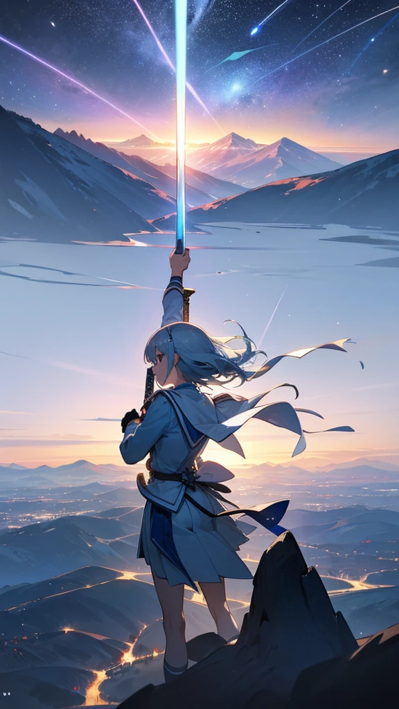 1 girl,Back view,Light gray uniform,skirt,Light blue sword,Mountain,city below,Night Sky,Shooting star in the center,A little far from the camera