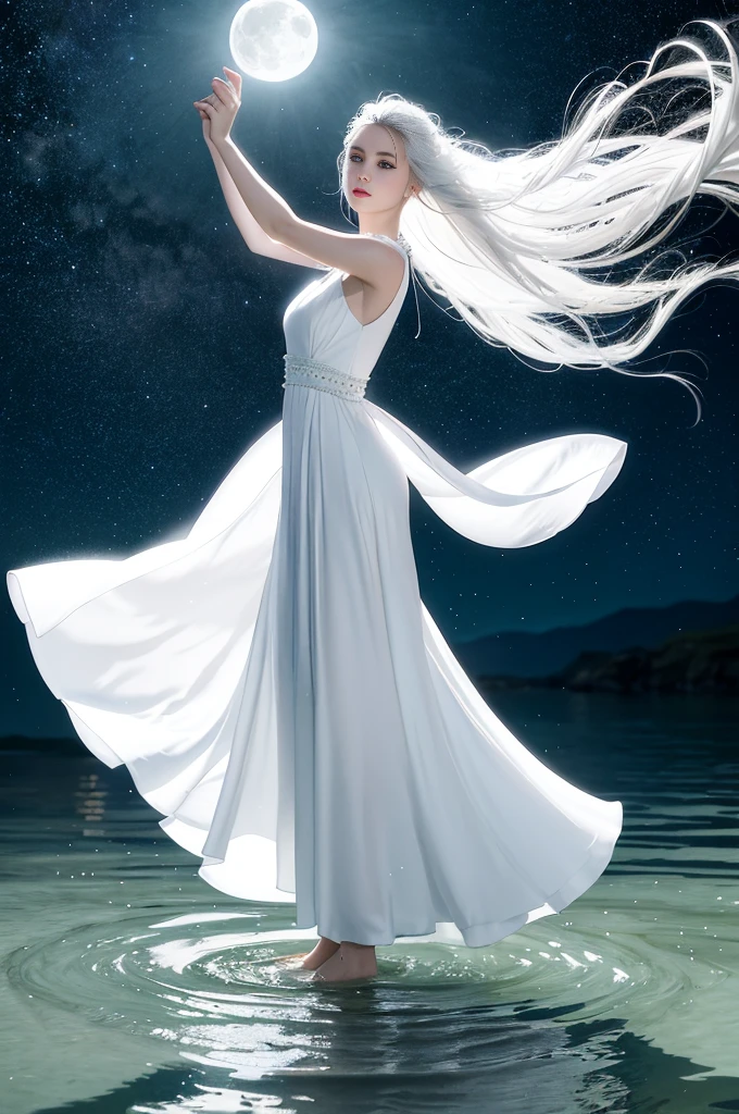 Beautiful woman in white dress standing in sea water,flowing skirt, barefoot, glowing face, eyes shining, pale skin, goddess, get the key, Diamond necklace, Pearl in water, night, Starry Sky, Sky and Milky Way, full moon in background, Como uma goddess, Walk on water, enlightened woman, blue water, wearing a White flowing dress, White flowing dress, She floats in the air, flowing white robe, stand on tiptoes, elegant dress, lindo White long skirt longo, Wearing a flowing dress, floating in the air, White long skirt, Stylish floating pose, hair blowing in the wind, girl dancing in white dress, mystery, magic, realist, shocking, dark, Dramatic, , mystery, goddess